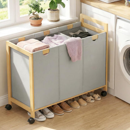 Homykic 250L Laundry Sorter Cart with Wheels, 3-Section Rolling Laundry Basket with Removable Bags, 66 Gal Large Laundry Hamper Organizer, Heavy Duty Bamboo Frame, Water-Resistant, Black