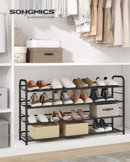 SONGMICS Stackable Shoe Rack, 4 Tier Metal Shoes Rack Storage Shelf, Holds up to 16 Pairs Shoes, Adjustable Slanted Shelves Shoe Tower Organizer for Closet Entryway Small Spaces, Black