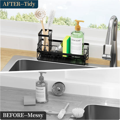 Consumest Sponge Holder for Kitchen Sink - Sink Caddy with Stainless Steel Self Drain Tray, Sink Organizer with High Brush Holder Countertop for Kitchen Sink Accessories, Black