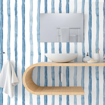 HAOKHOME Blue Wallpaper Peel and Stick Wall Paper Striped Coastal Boho Removable Indigo Blue/White Vinyl Self Adhesive for Bathroom Decor 17.7in x 32.8ft