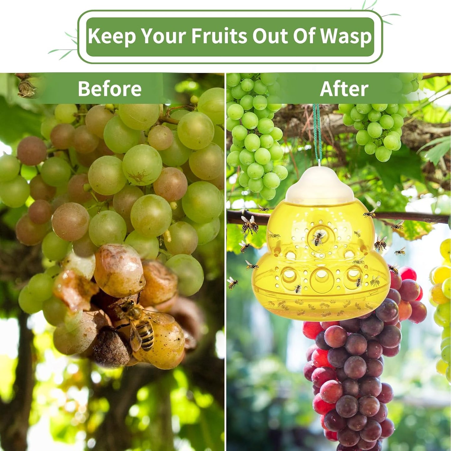 Wasp Trap Outdoor Hanging, Bee Traps Catcher, Effective Outdoor Wasp Killer Insect Catcher, New Upgrade Non-Toxic Reusable Hornet Yellow Jacket Trap for Outdoor Use - Yellow, 2 Pack