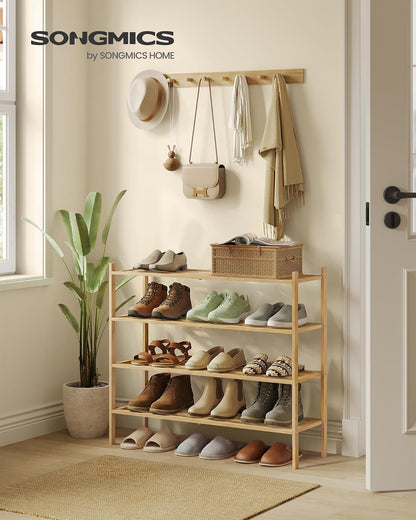 SONGMICS Bamboo Shoe Rack for Closet, Stackable Shoe Oragnizer with Modular Structure, Space-Saving Free Standing Shelf for Entryway Bedroom, 2-Tier, Holds 9-12 Pairs, Natural Color ULBS052YL01