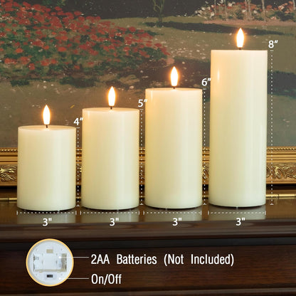 Flickering Flameless Candles, Real Wax Battery Operated Candles with Remote, Flat Top Led Flameless Pillar Candles for Home, Wedding, Party Decor, Set of 4, Φ 3" H 4" 5" 6" 8", Ivory