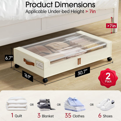 Yecaye Under Bed Storage with Wheels, 2 Pack Under Bed Storage Containers, 60L Underbed Shoe Storage with Clear Window & Label, Rolling Under Bed Metal Drawer for Clothes, Shoes, Books, Blankets