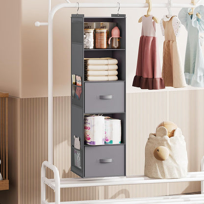 YOUDENOVA Hanging Closet Organizer, 5 Tier Hanging Closet Shelves with 6 Side Pockets and 2 Drawers, Grey