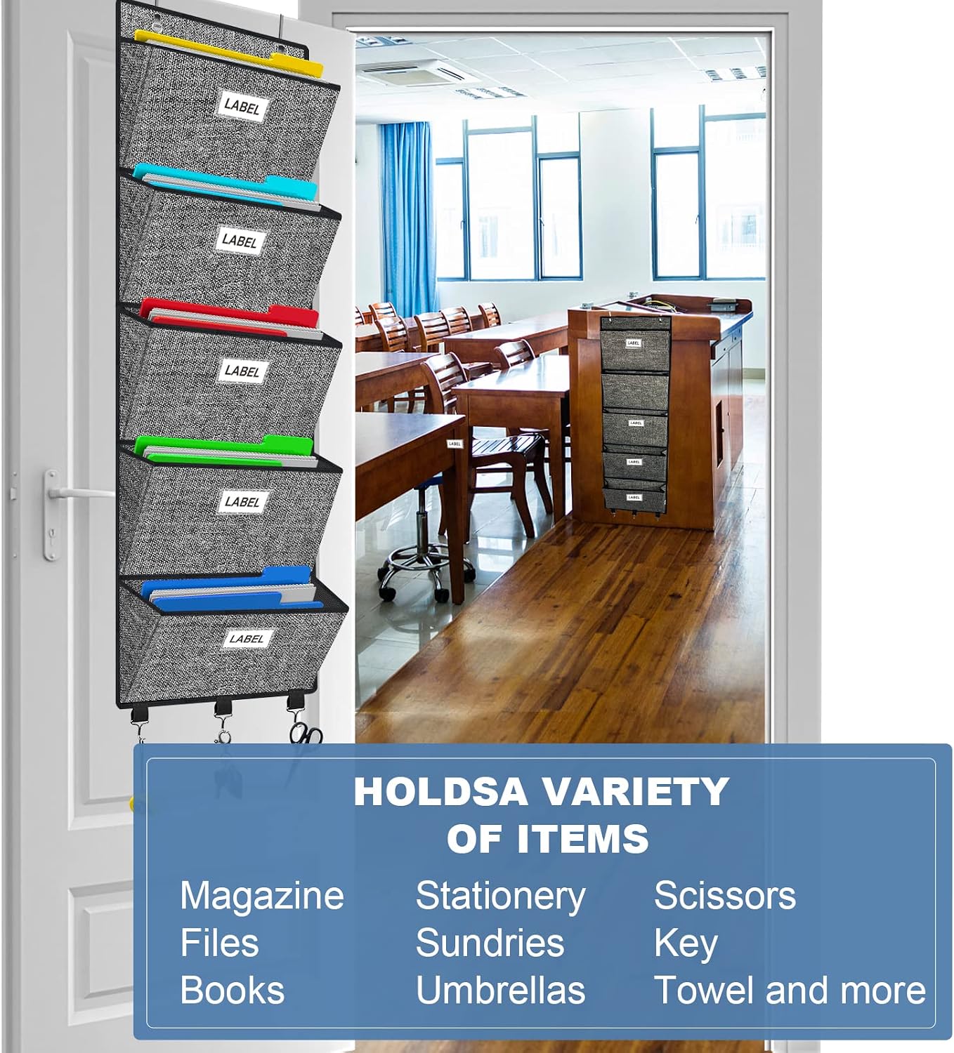 homyfort Over the Door File Organizer, Wall Hanging File Folders with 5 Large Pocket for Mails, Magazines, Back to School Supplies,Office Chart Storage, Paper Organization (Grey)