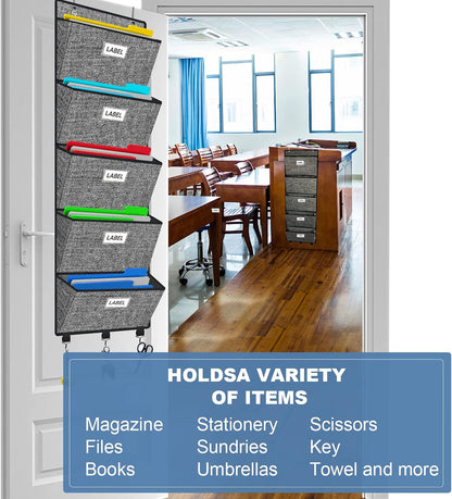 homyfort Over the Door File Organizer, Wall Hanging File Folders with 5 Large Pocket for Mails, Magazines, Back to School Supplies,Office Chart Storage, Paper Organization (Grey)