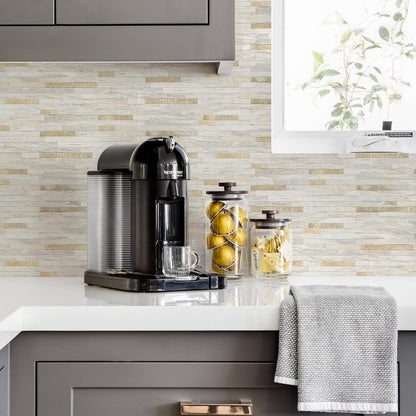 STICKGOO 20 Sheets Peel and Stick Backsplash Tile, Stick on Backsplash for Kitchen and Bathroom, White Sandstone Look PVC Mixed Metal Gold Self Adhesive Wall Tiles
