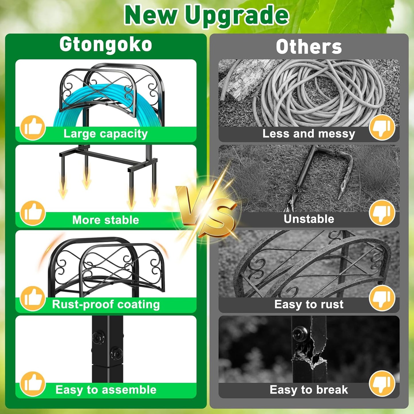 Gtongoko Garden Hose Holder for Outside 43" Heavy Duty Freestanding Water Hose Holder with 4 Stable Spikes Metal Hose Stand Holds Up to 150FT Hose & 44LB Detachable Hose Storage for Yard Lawn Patio