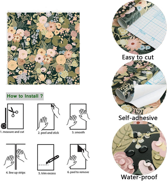 Ismoon Floral Peel and Stick Wallpaper Gray Contact Paper Vintage Removable Self-Adhesive Wallpaper Boho Watercolor Renovated Furniture For Cabinets Shelves Counter Tops Wall Decor Roll 17.3in x78.7in