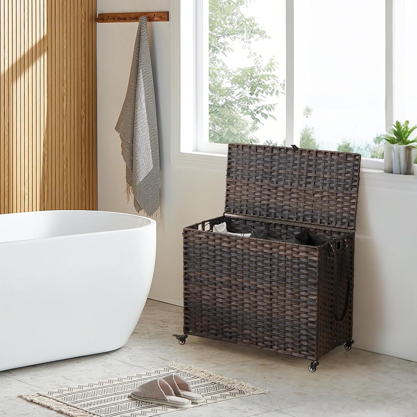 Laundry Hamper with Wheels, 52.8 Gallon(200L) Rolling Laundry Basket with Lid, Removable Large 3 Color Liners & 3 Mesh Laundry Bags, Clothes Hamper with Side Pocket, Natural