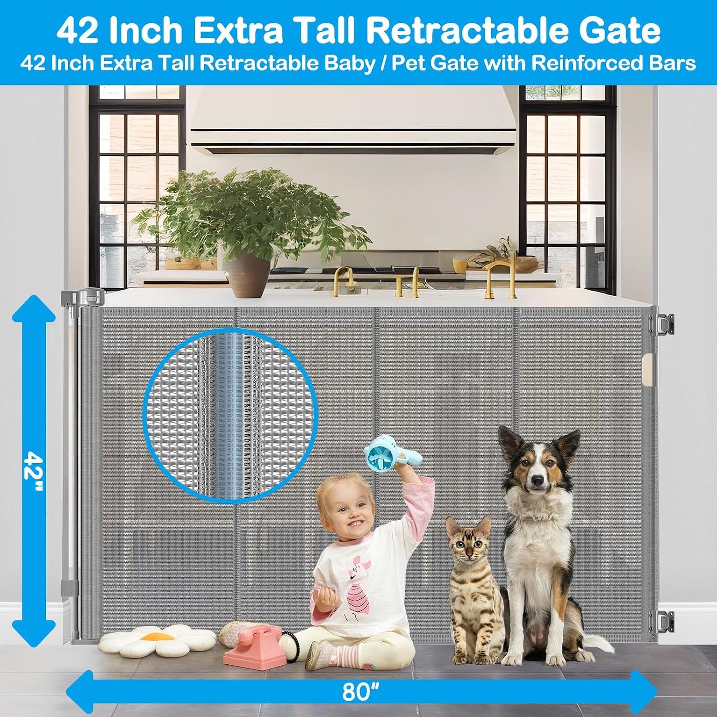 42 Inch Extra Tall Retractable Baby Gates with Reinforced Strips 55 Inch Wide Outdoor Retractable Dog Gate No Sag Extra Tall Baby Gate for Doorway Anti-Scratch Mesh Gates for Kids or Pets, White