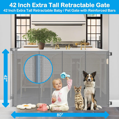42 Inch Extra Tall Retractable Baby Gates with Reinforced Strips 55 Inch Wide Outdoor Retractable Dog Gate No Sag Extra Tall Baby Gate for Doorway Anti-Scratch Mesh Gates for Kids or Pets, White
