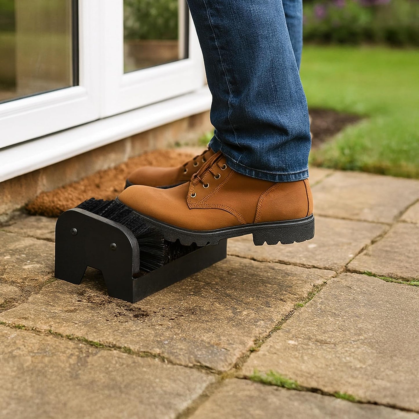 Relaxdays Shoe Scraper with All-Round Brushes, Outdoor Doormat, Heavy Duty Bristles, Floor Mounting, Black