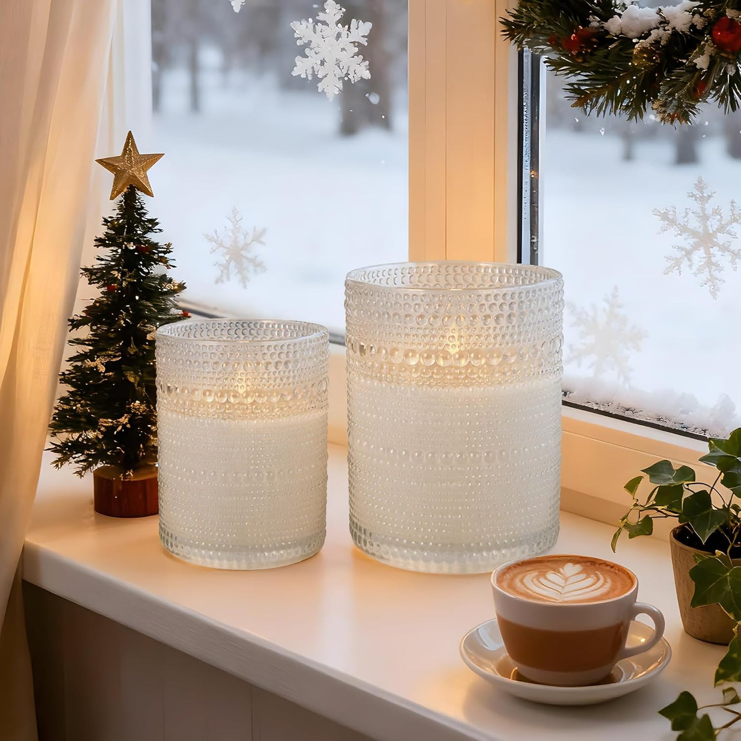 Dotted Glass Flameless Candles with Remote Timer, Real Wax Battery Operated LED Pillar Candles with 3D Flickering Flame for Festival Wedding Home Party Decor, 3" x 4", 4" x 5", Set of 2 (White)
