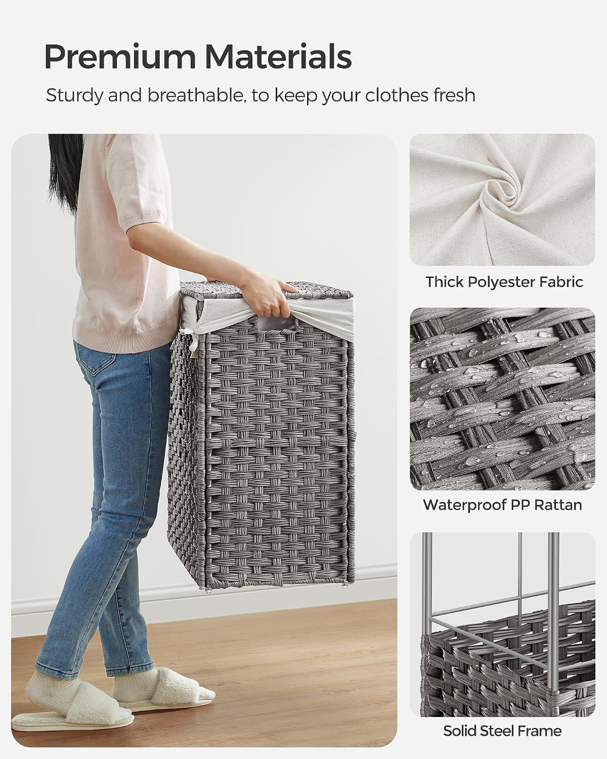 SONGMICS Laundry Hamper with Lid, 37 Gallons (140 L), Rolling Laundry Basket with Wheels, 3-Section Synthetic Rattan, Removable Liner, Bedroom, 26 x 13 x 26 Inches, Gray ULCB363G01