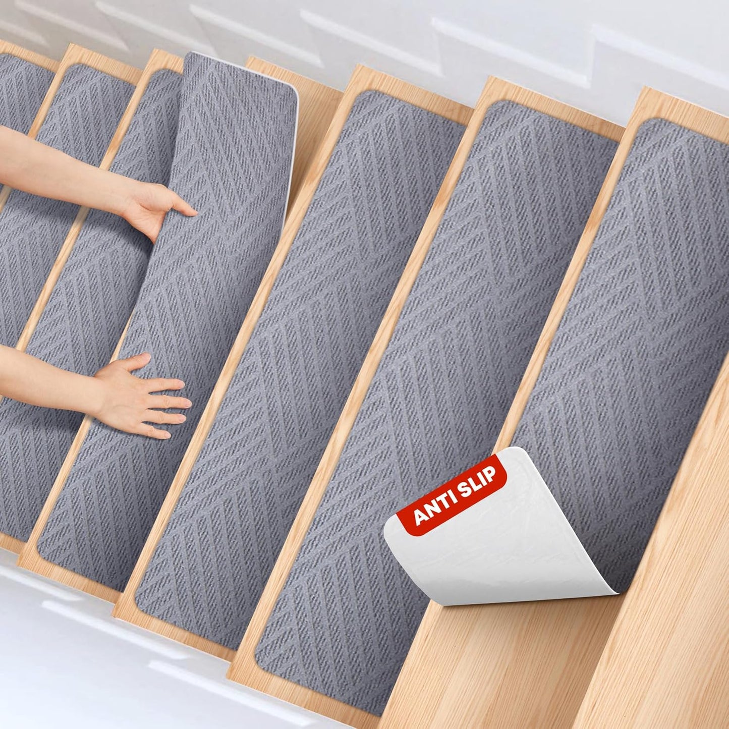 MBIGM 8" X 30" (15 in Pack) Non-Slip Carpet Stair Treads Non-Skid Safety Rug Slip Resistant Indoor Runner for Kids Elders & Pets with Reusable Adhesive - Dark Gray Diamond Weave