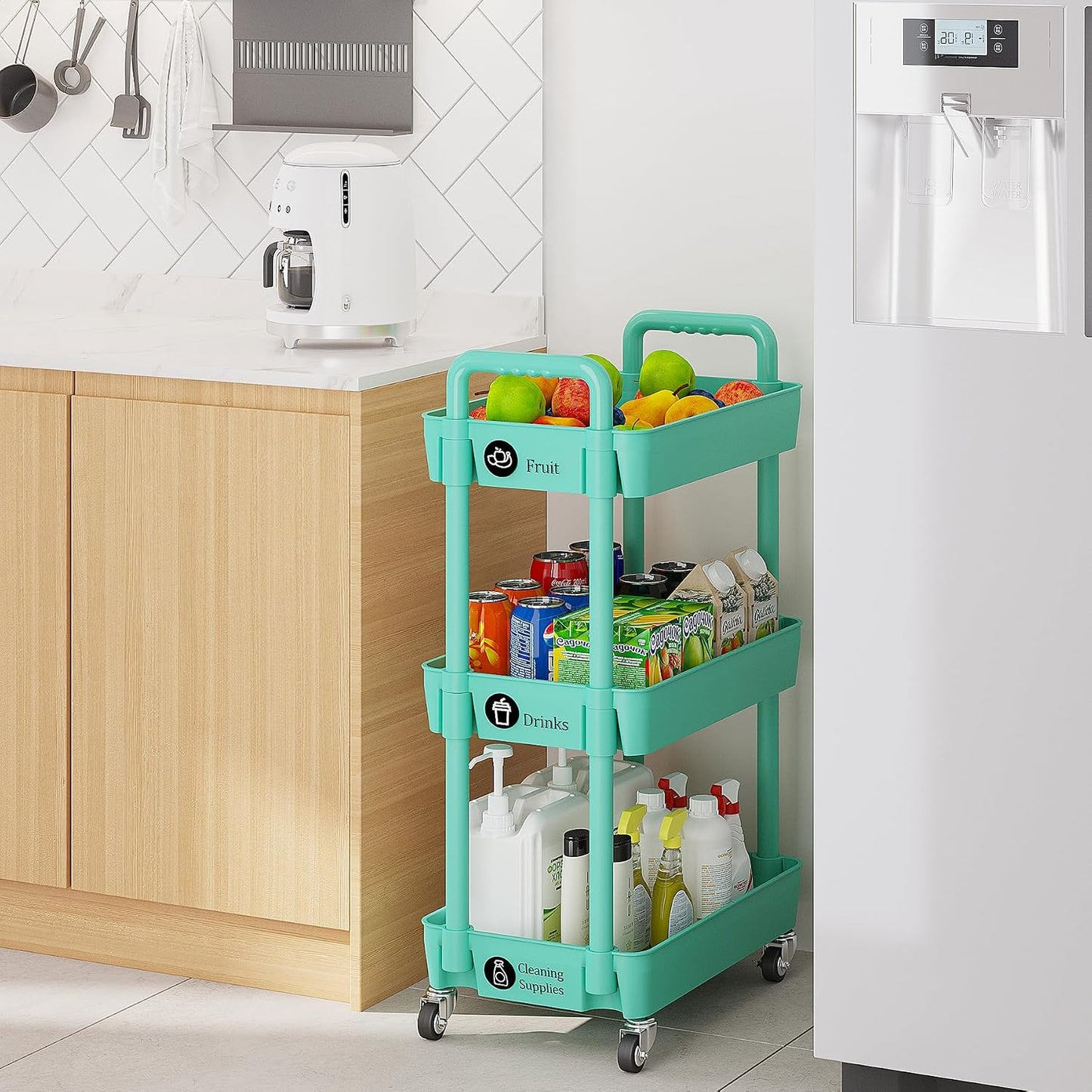 Laiensia 3-Tier Rolling Cart with Wheels,Multifunction Utility Storage Carts, Kitchen Storage Organizer,Mobile Shelving Unit for Bathroom,Laundry,with Classified Stickers,White