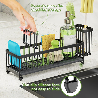 Cisily Extra Large Sink Caddy Organizer with Drying Stone, Black Sponge Holder for Kitchen, Dish Brush Holder for Countertop, Kitchen Decor Storage and Essentials