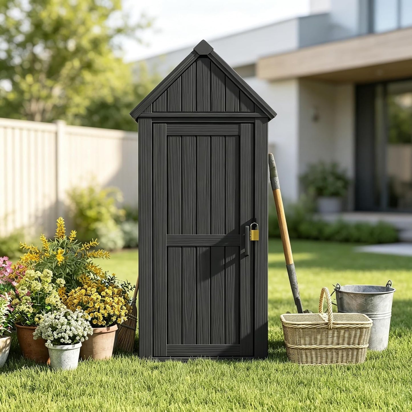 Bifanuo Deck Box Storage Shed Outdoor Storage Cabinet, Vertical Waterproof Resin Material Plastic Shed with Removable Shelves, 12 Hooks and Lock Ring for Garden, Pool and Patio (Classic Black)