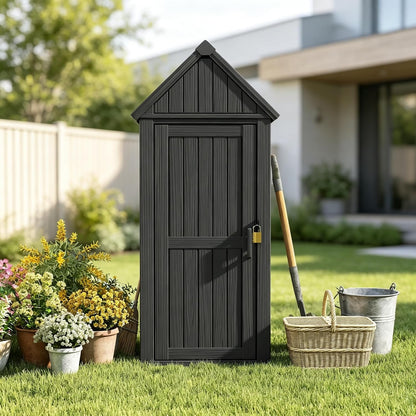Bifanuo Deck Box Storage Shed Outdoor Storage Cabinet, Vertical Waterproof Resin Material Plastic Shed with Removable Shelves, 12 Hooks and Lock Ring for Garden, Pool and Patio (Classic Black)