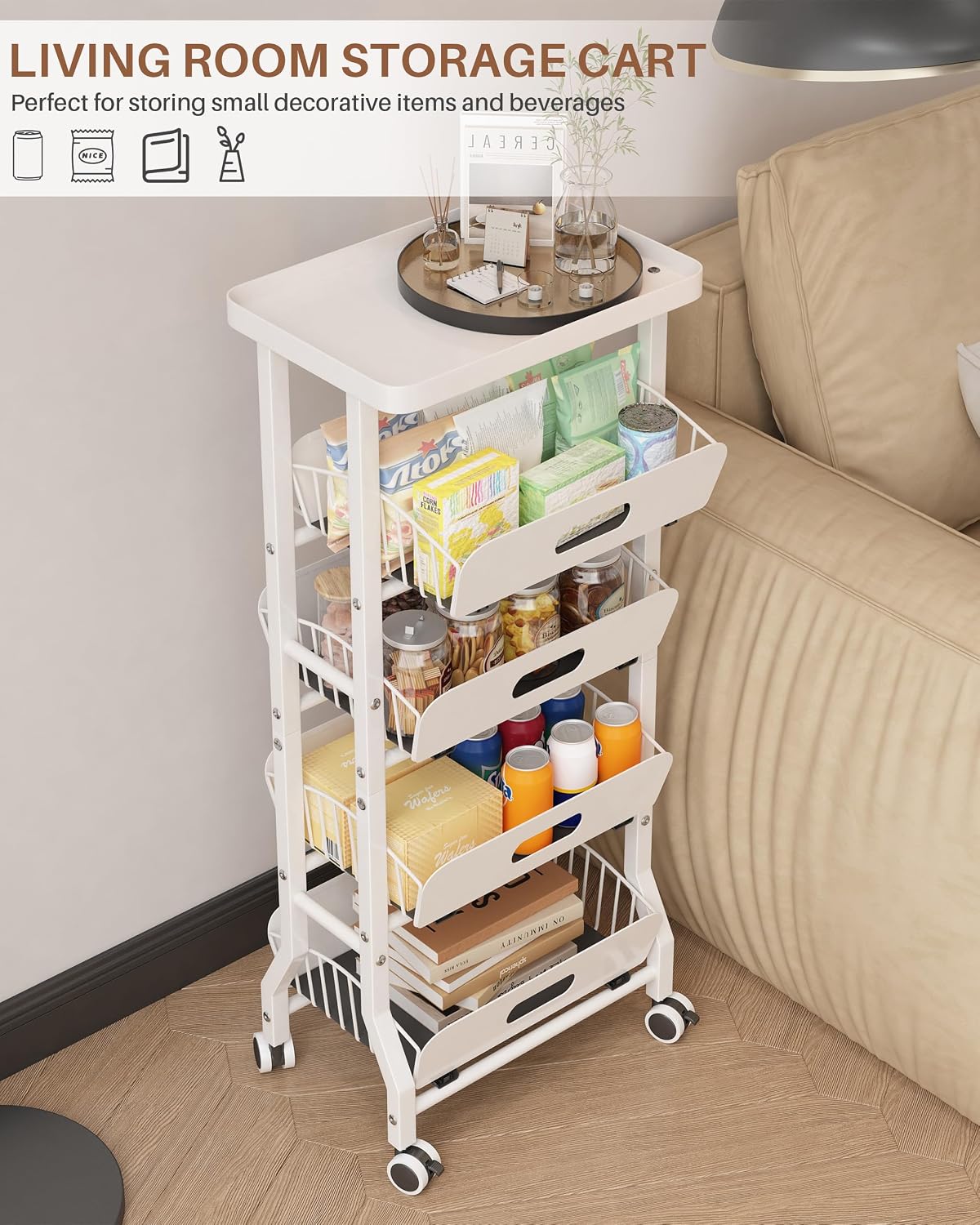 4 Tier Slim Fridge Side Cart with Slide Track Pull Out Baskets, Rolling Metal Kitchen Gap Storage Trolley