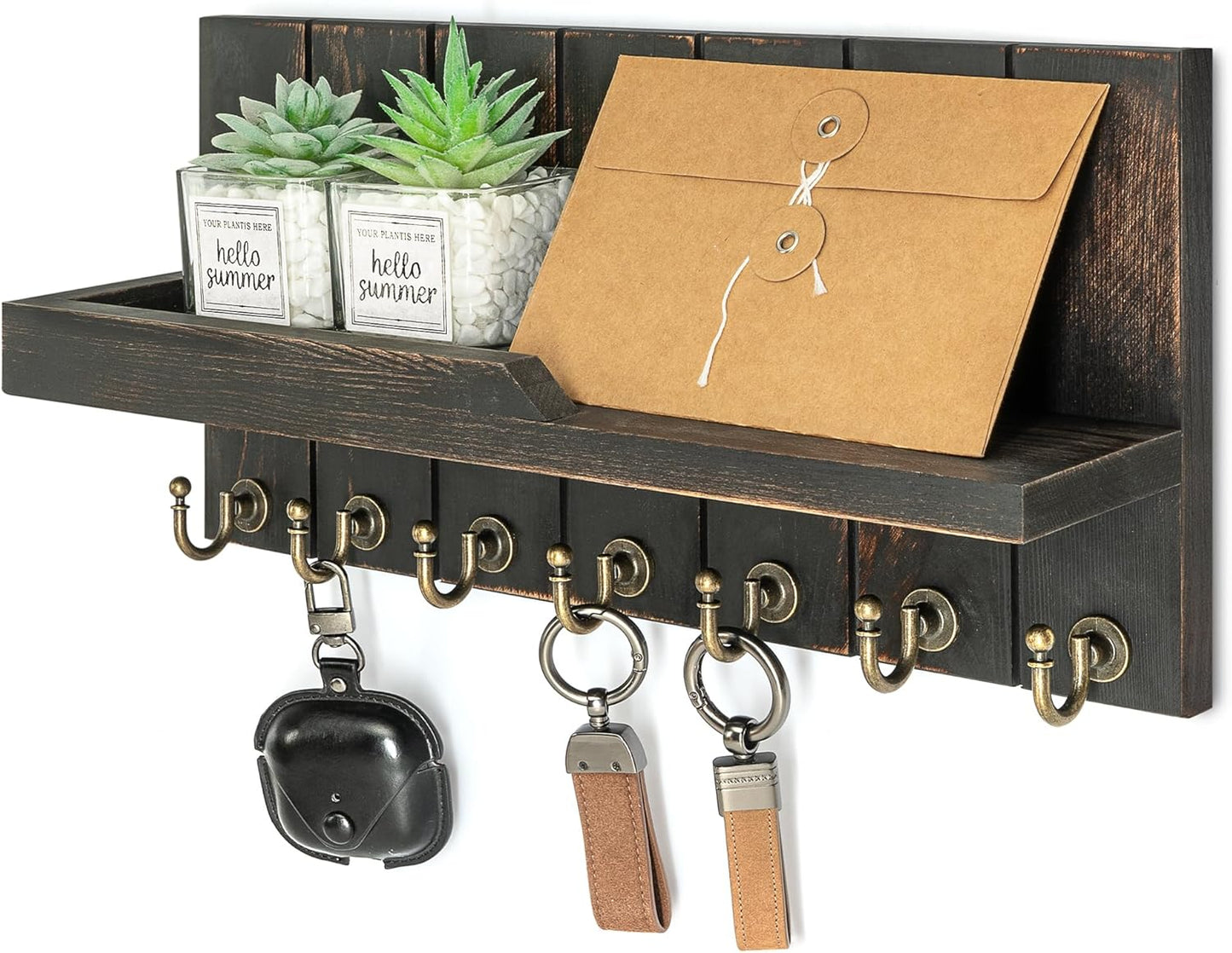 Rebee Vision Decorative Key Holder Wall Mount - Rustic Key Holder for Wall with Shelf and Mail Organizer for Living Room Decor - Home Essentials for Home Improvement (Brown, 3.54" x 10" x 7.28")