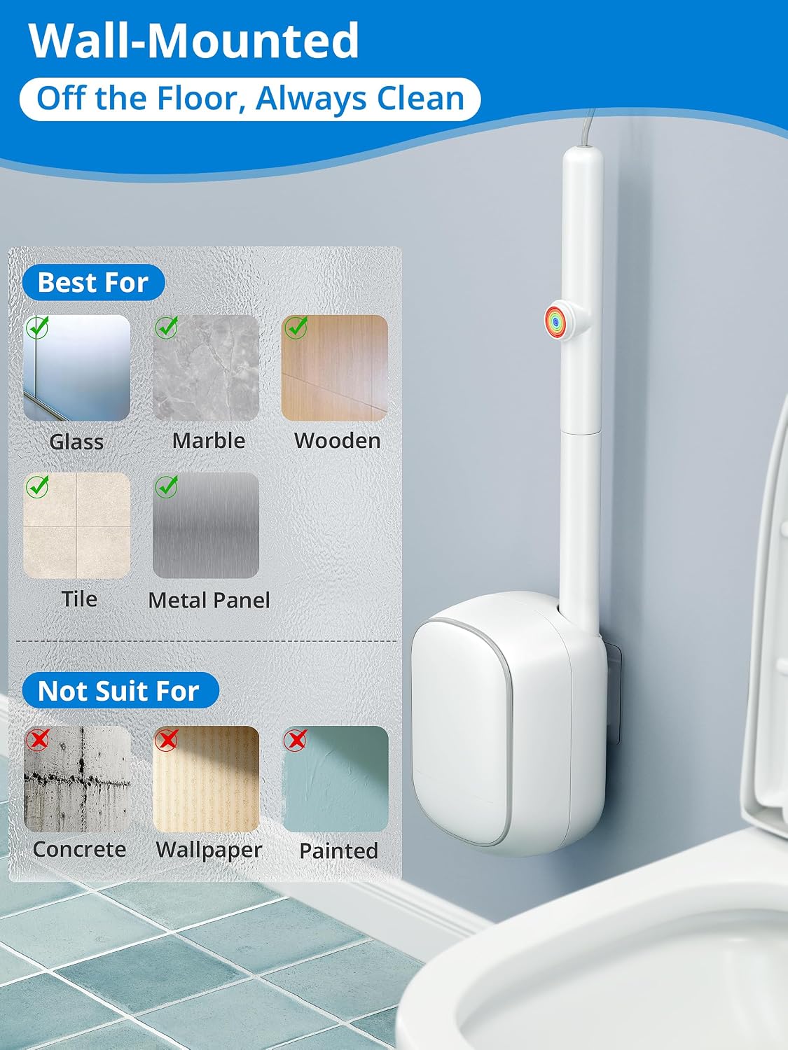 Disposable Toilet Cleaner Wand and Holder Set, Wall Mounted Toilet Bowl Brush Kit with 12 Refill Heads, Hygienic Toilet Cleaning System for Bathroom and RV