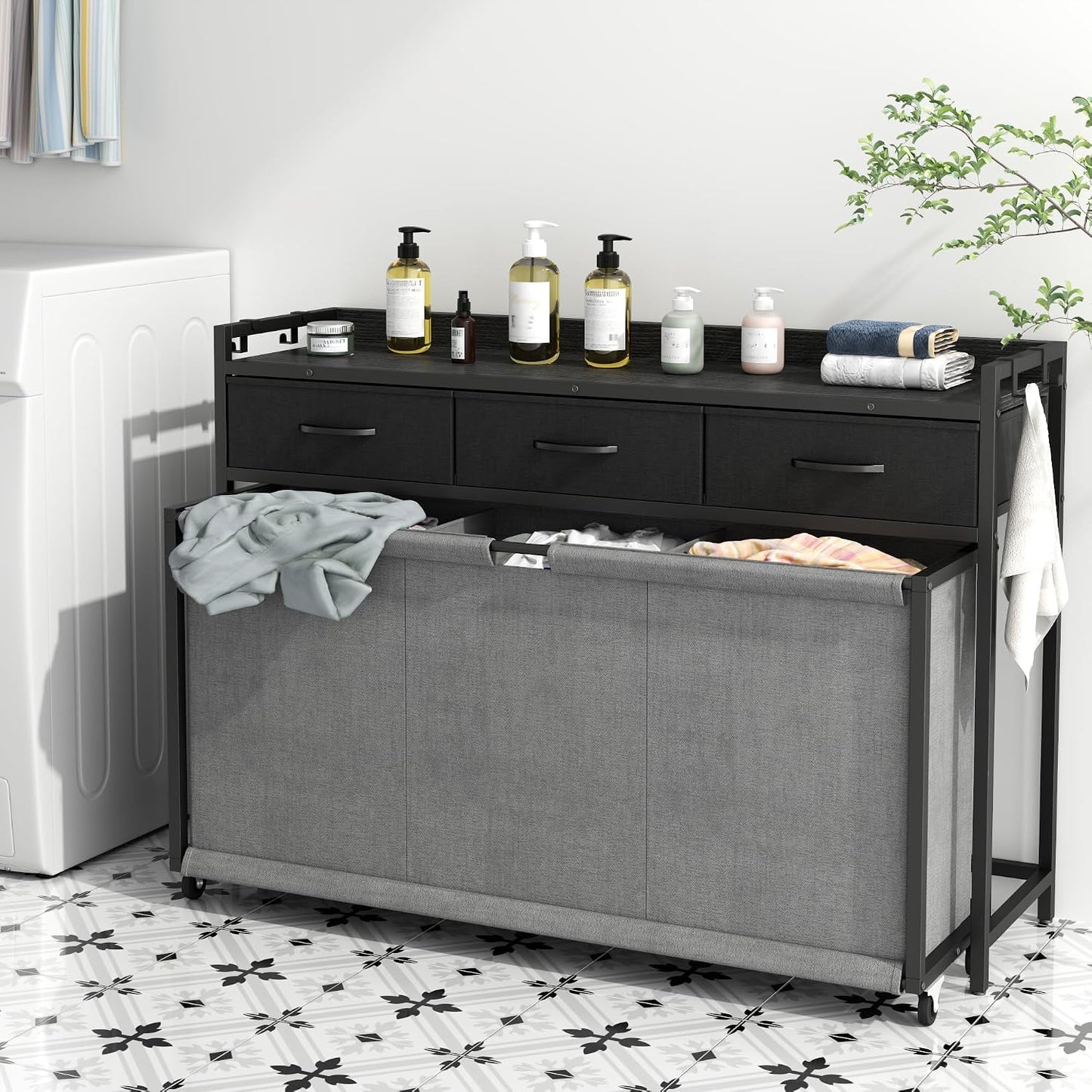 STIKELY Laundry Hamper Laundry Basket with 3 Section Pull-Out Rolling Bags, Laundry Sorter for Organization and Storage with 2 Pull-Out Drawers for Laundry Room, Bathroom, Bedroom Use (Rustic Brown)