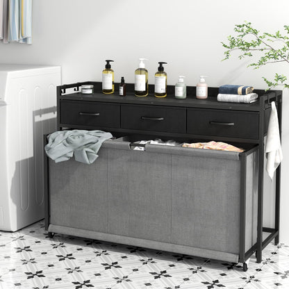 STIKELY Laundry Hamper Laundry Basket with 3 Section Pull-Out Rolling Bags, Laundry Sorter for Organization and Storage with 2 Pull-Out Drawers for Laundry Room, Bathroom, Bedroom Use (Rustic Brown)