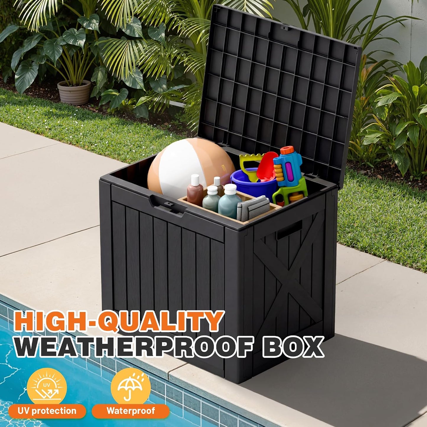 32 Gallon Deck Box Outdoor Indoor Waterproof Storage Box for Patio Furniture, Pool Accessories, Garden Tools, and Cushion Storage, Black