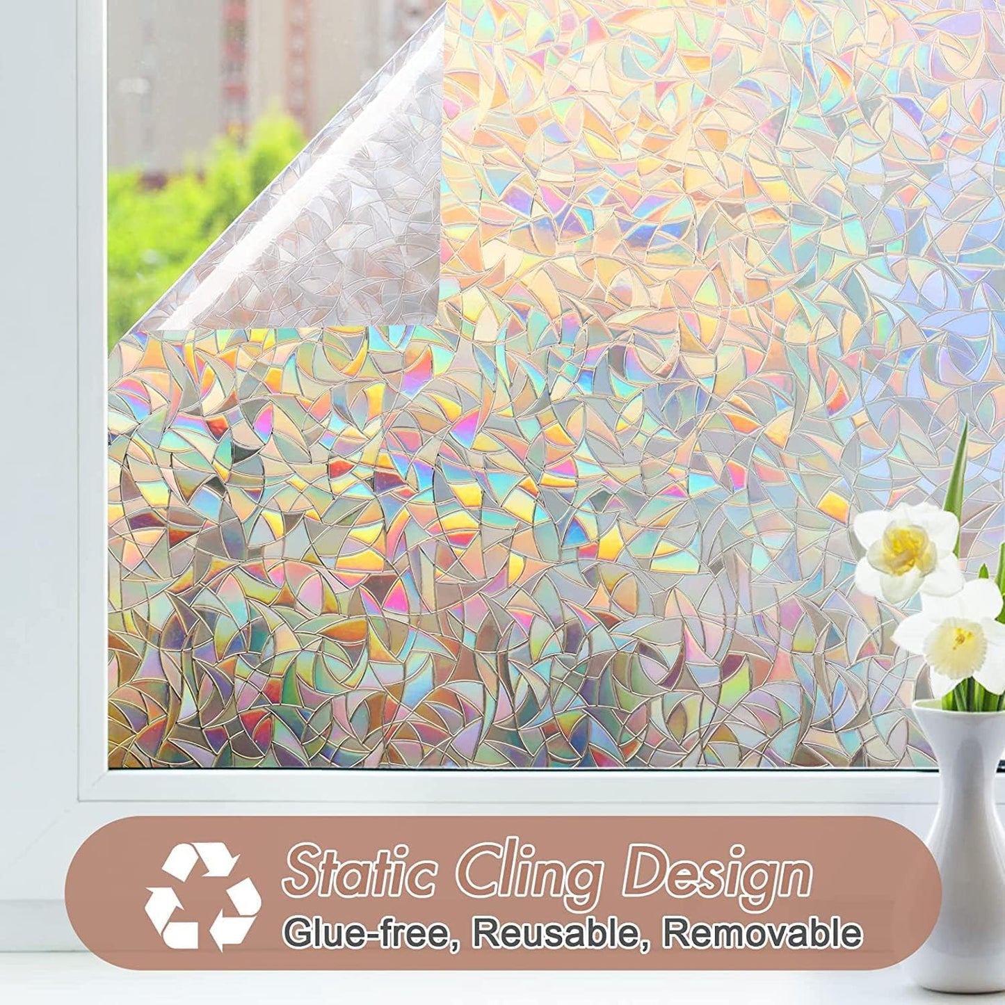 Haton Window Privacy Film, Stained Glass Rainbow Film Decorative Window Clings, Static Cling Sun Blocking Stickers Decals Coverings Tint for Home Heat Control, Non-Adhesive 17.5" x 78.7"