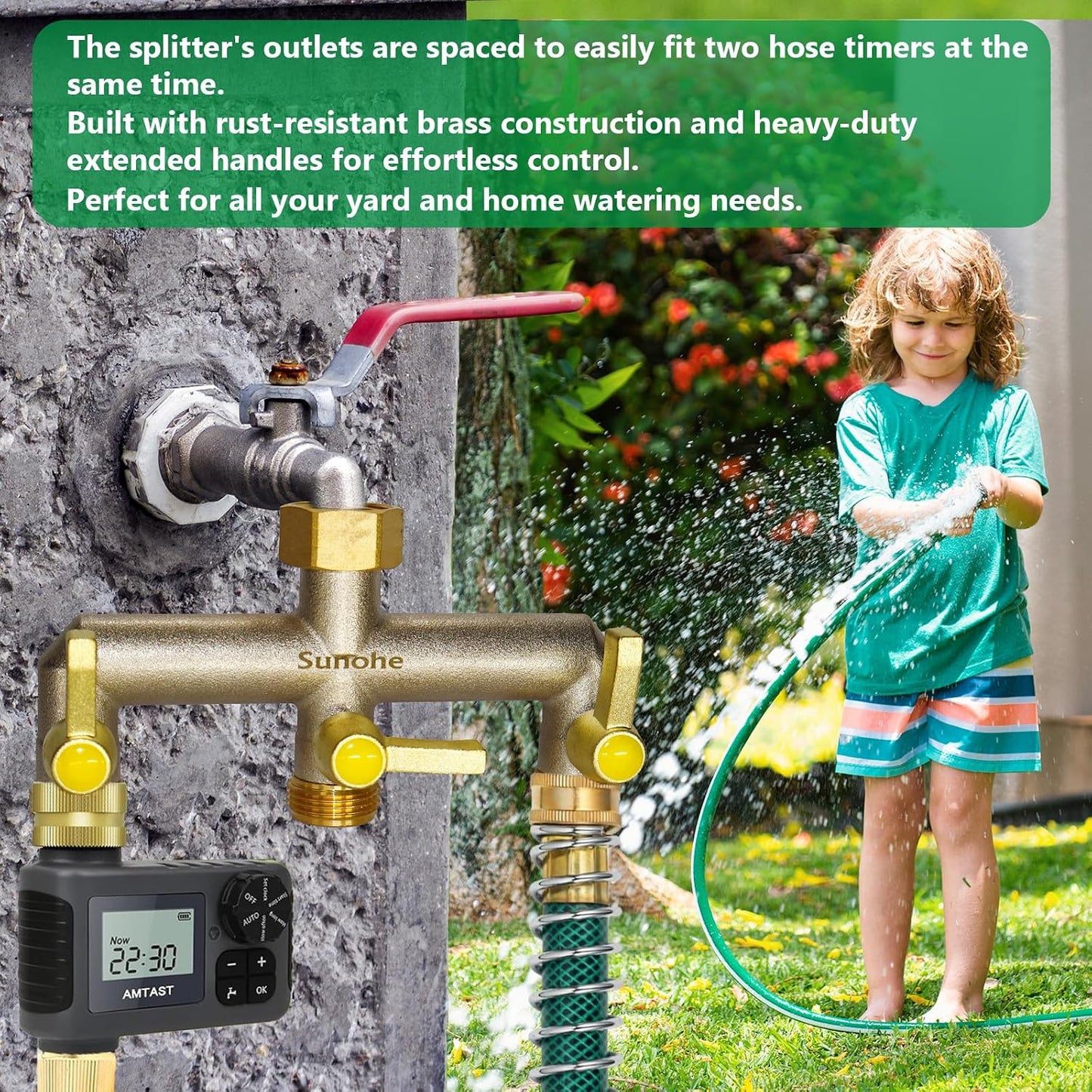 Garden Hose Splitter, Water Hose Splitter 2 Way Heavy Duty Brass Nickel Plated, Extended Metal Handle 3/4-Inch Hose Manifold, Rust and Freeze Resistant High Flow Outdoor Faucet Splitter
