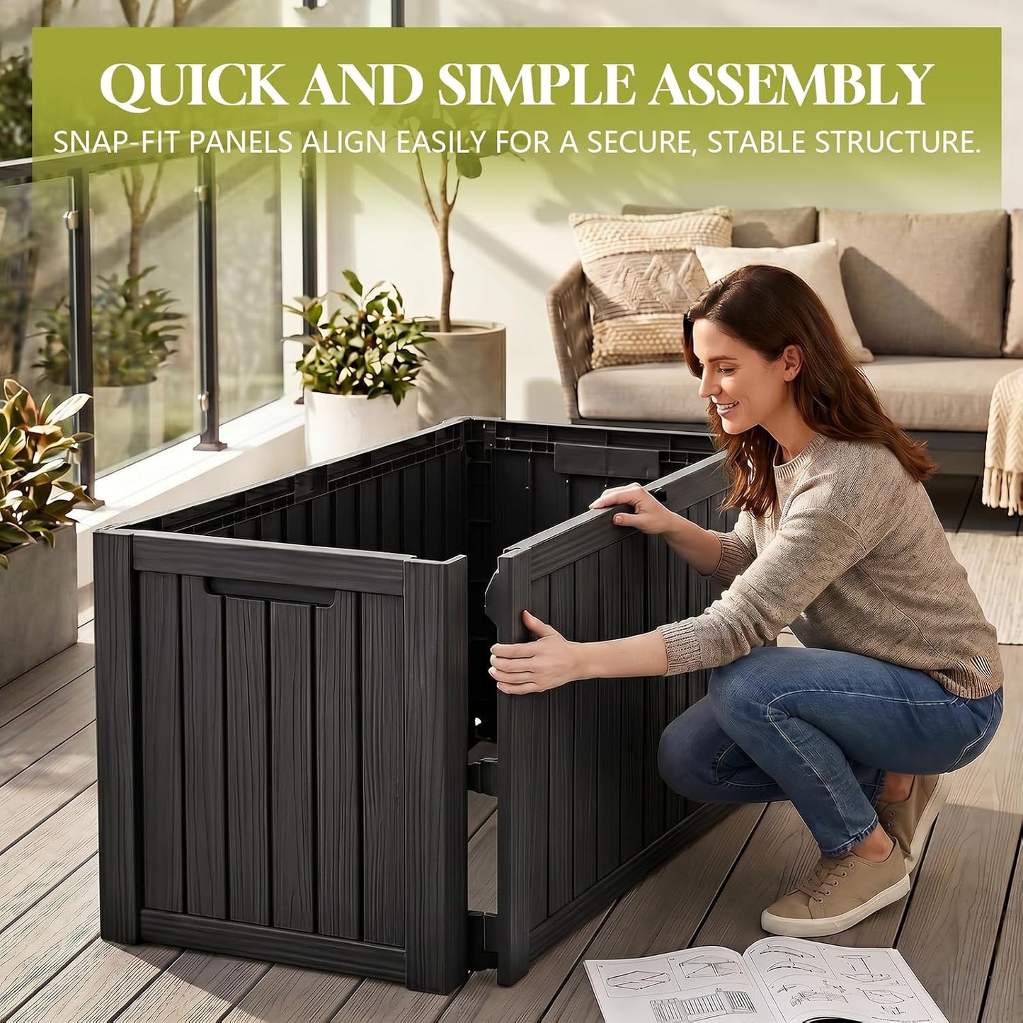 Waterproof Outdoor Storage Box Outside Deck Box Lockable Resin Bench UV Resistant Furniture Cushion Pool Tool Float Bin Patio Garden Porch (Black, 120 Gallon)