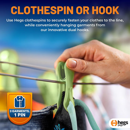 Hegs 24 Pack Multi-Color - The Smartest Heavy Duty Clothespins with Hooks - Hang 3 Garments at Once with Our Tough, Dual Hooks Clothes Pins with Anti-Rust Spring - Durable, Colorful Clothespins