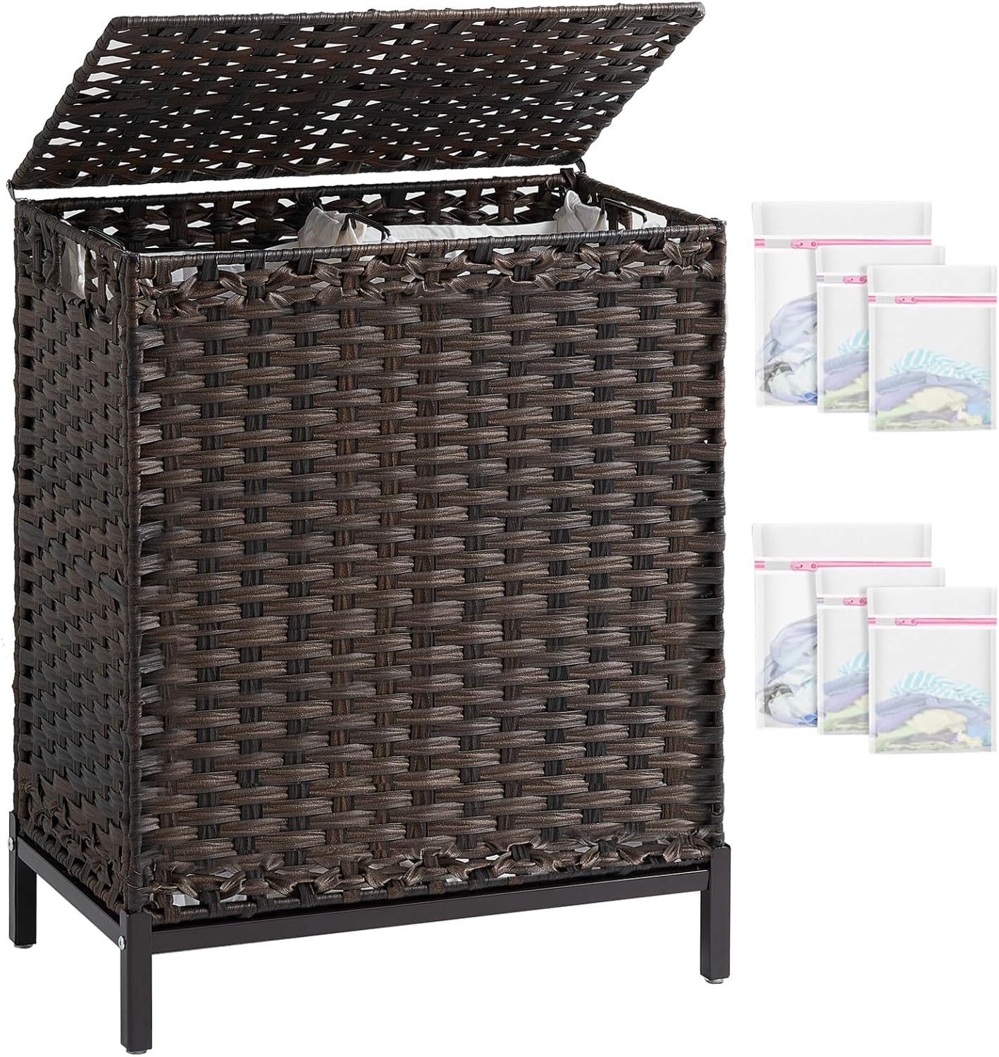 SETVSON Laundry Hamper with Lid 132 L, (35 Gallons) Clothes Hamper with Lid, Handwoven Rattan Laundry Hamper with Metal Heightened Feet, Laundry Hampers with 3 Removable Liner Bags for Laundry-Natural