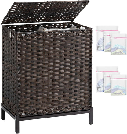 SETVSON Laundry Hamper with Lid 132 L, (35 Gallons) Clothes Hamper with Lid, Handwoven Rattan Laundry Hamper with Metal Heightened Feet, Laundry Hampers with 3 Removable Liner Bags for Laundry-Natural