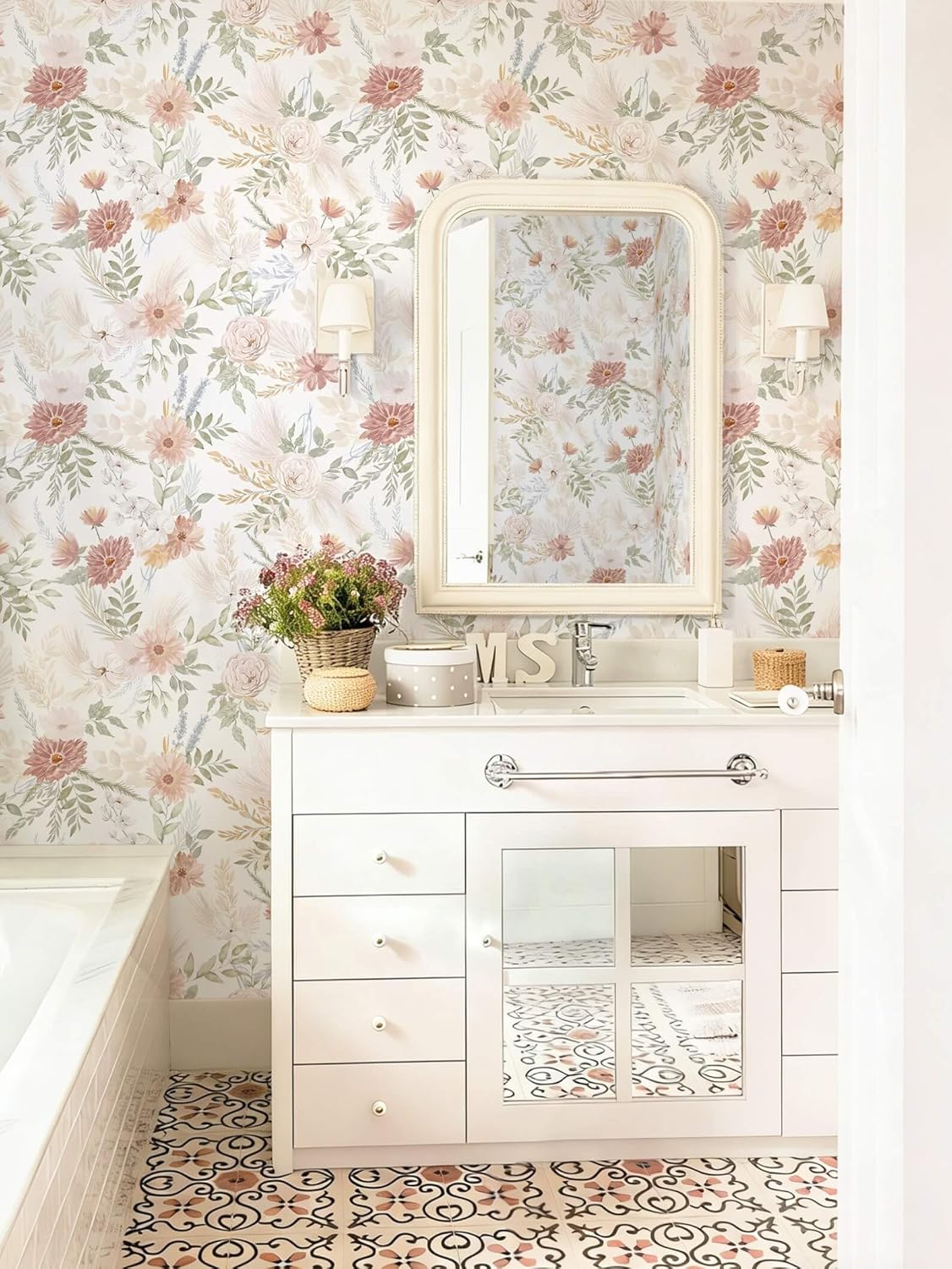 Dimoon 17.3''x78.7'' Peel and Stick Wallpaper Floral Cute Contact Paper Vintage Village Country Cottage Wallpaper Farmhouse Yellow Beige Renter Friendly Geometry Waterproof Embossed Kitchen Bedroom
