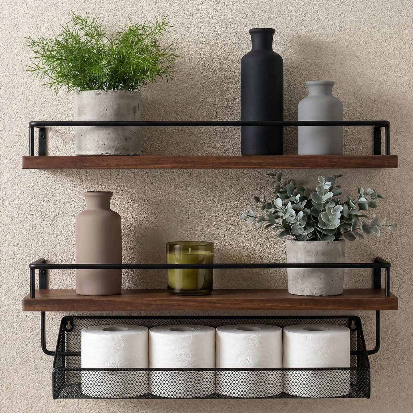 Ceramic Vase Set of 3, Modern Minimalist Neutral Home Decor, Boho Rustic Farmhouse Decorative Vases for Pampas Grass Dried Flowers | Table Centerpiece Entryway Mantel Bookshelf(Black Mix Set - Gray#1)