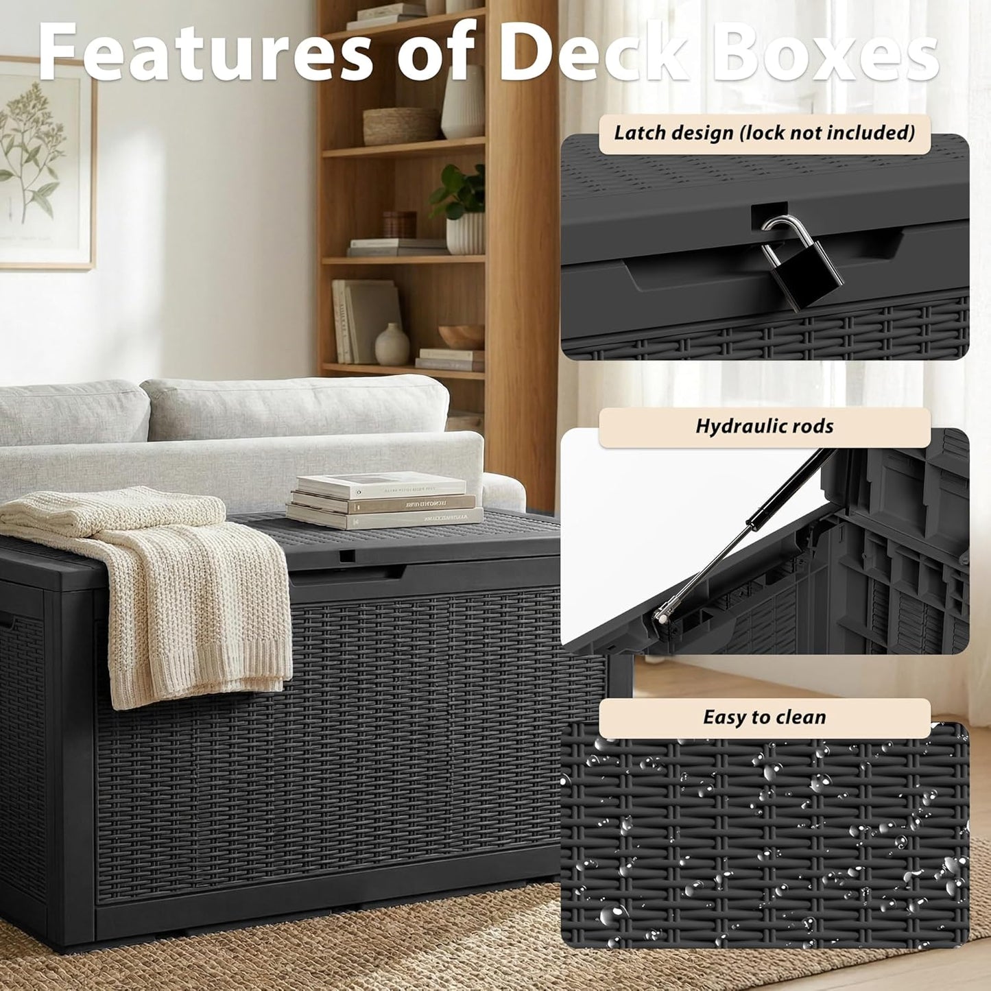 125Gal Outdoor Storage Box, Lockable Deck Box with Hydraulic Lid | Waterproof UV-resistant, Durable outdoor bin for patio cushions, pool accessories & garden tools. Keeps contents secure & dry