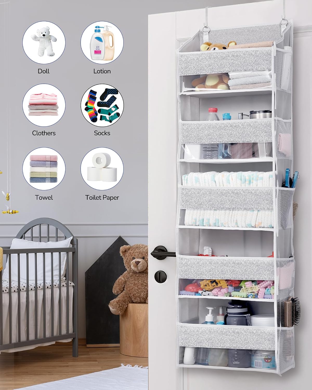 ULG 1 Pack Over Door Organizer with 5 Large Pockets 10 Mesh Side Pockets, Upgraded Linen Texture Over The Door Storage, 44 lbs Weight Capacity Hanging Storage Organizer, Ivory
