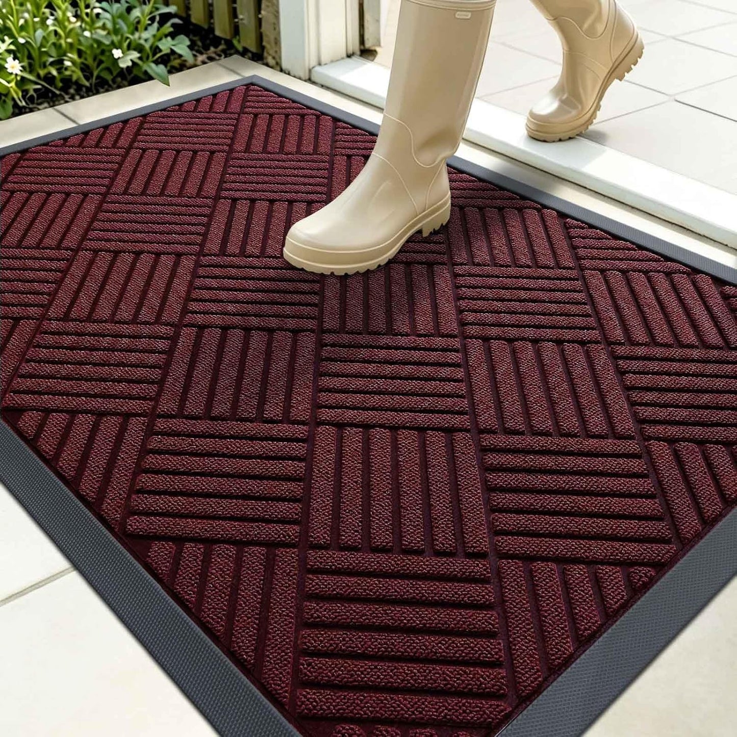 OLANLY Front Door Mat Outside Entrance 29.5x17, Absorbent, Heavy Duty Sturdy Natural Rubber Doormat Indoor Outdoor, Stain and Fade Resistant, Non-Slip Low Profile Floor Mat for Entryway, Grey Diamond