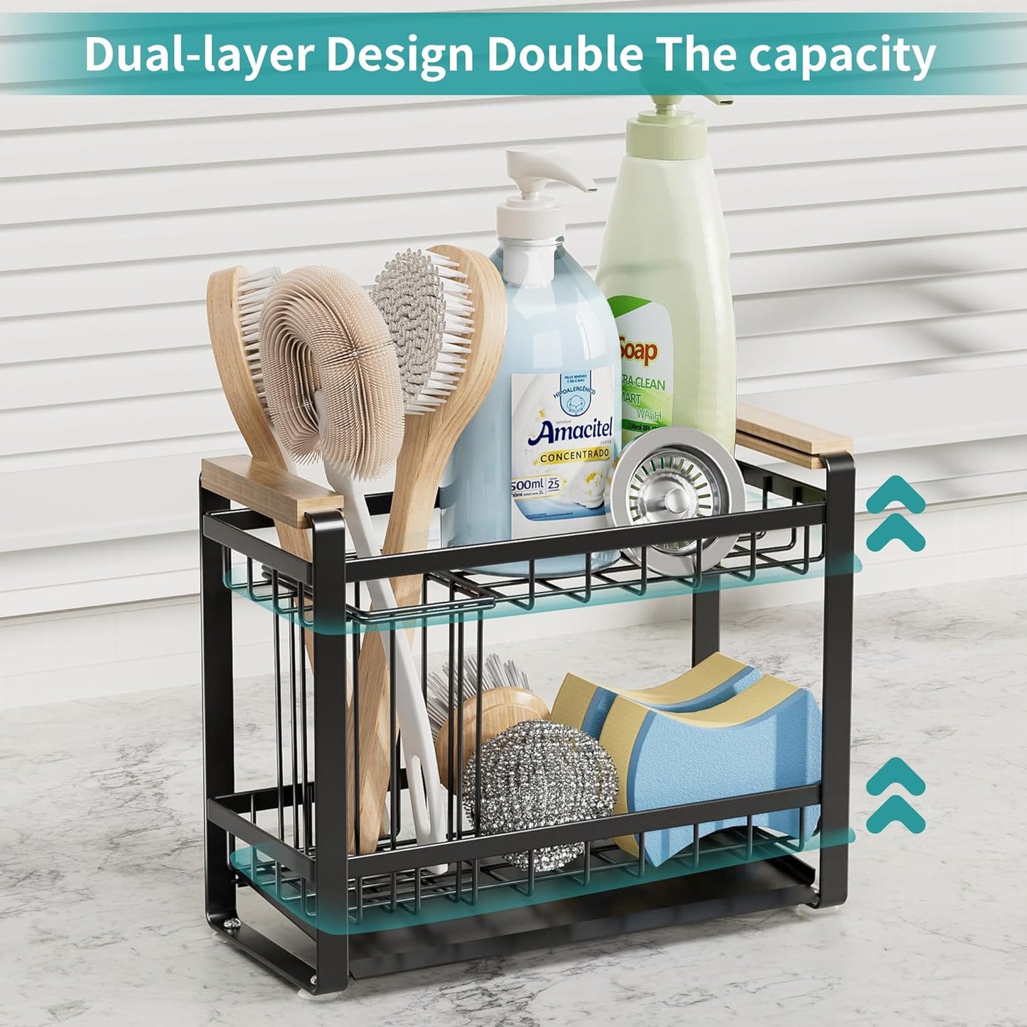 Sink Caddy Organizer with Wooden Handle & Self-Draining Tray, Trapezoid Kitchen Sponge Holder with Non-Slip Suction Cups , Organizer for Sponge, Brush, Soap Dispenser for Sink and Bathroom Countertop