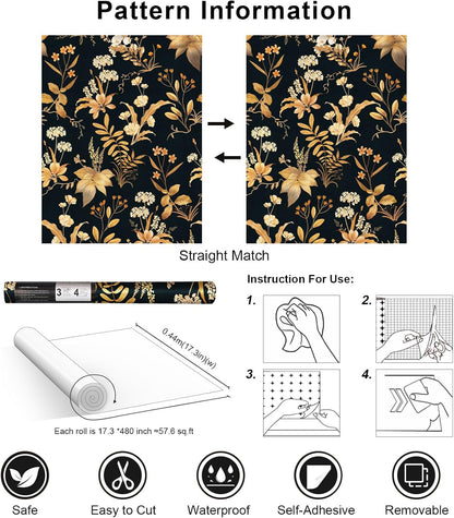 Simon&Siff Vintage Wallpaper Peel and Stick Beige Floral Contact Paper Wildflowers Botanical Wall Paper Removable Renter Friendly Wallpaper 17.3in x 9.8ft