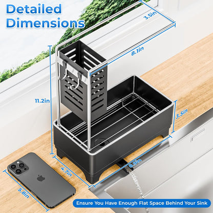 Kitchen Sink Caddy with Stainless Steel Towel Holder, Handy Sponge Holder for Kitchen Sink with Extending Drain Spout, No-Tool Assembly Space Saver for sink Countertop Accessories(Gray)