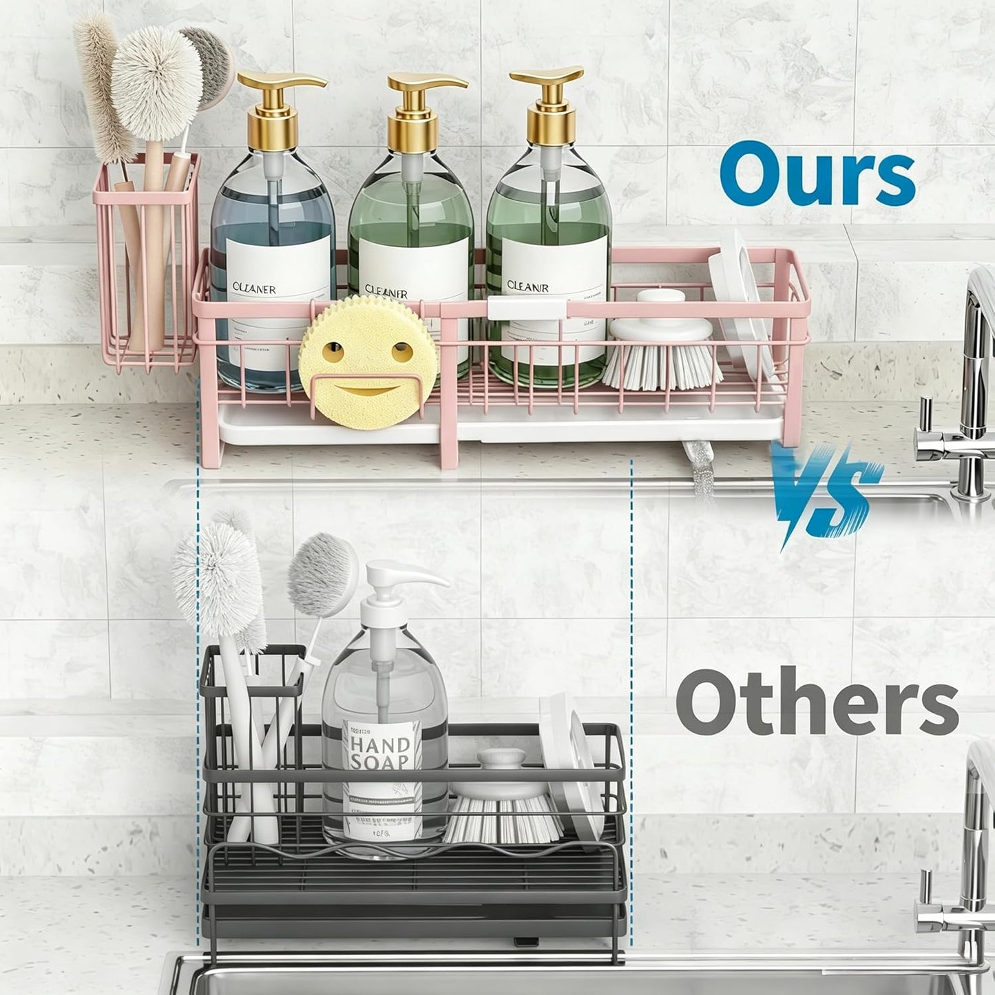 Aurblozen Extra Large Extendable Sponge Holder for Kitchen Sink, Rustproof Sink Caddy Organizer with High Brush Holder, Dish Soap Dispenser Organizers and Storage (Black)