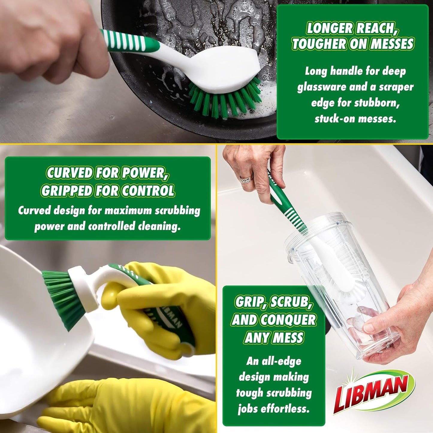 Libman Heavy Duty Scrub Brush Kit | Cleaning Brushes for Household Use | Tub Scrubber | Easy Grip Scrub Brush | Big Job Kitchen Brush | Dual Sided Tile & Grout Brush | 3 Different Brushes Included
