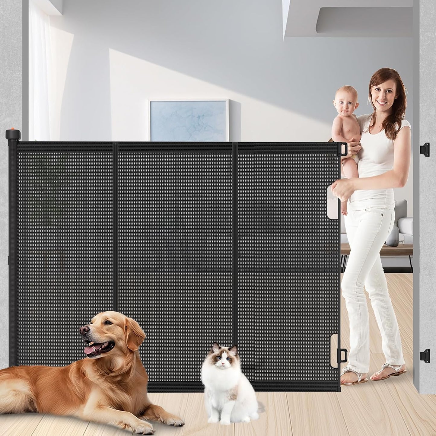 Pawtners Retractable Baby Gates Extra Wide, 41" Tall Extends up to 71" Wide, Dog Gate Indoor for Stairs, Pet Gate with Support Rods for Doorways Hallways Indoor & Outdoor-Black