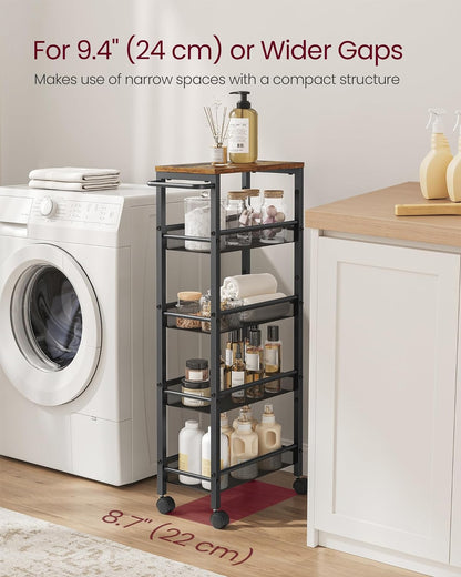 VASAGLE Slim Rolling Cart, 4-Tier Narrow Storage Cart with Handle, 5.1 Inches Deep, Metal Frame, for Kitchen, Dining Room, Living Room, Home Office, Rustic Brown and Classic Black ULRC032B01V1