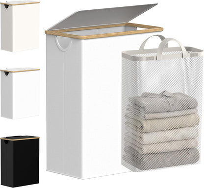 efluky Slim Laundry Basket with Lid, Narrow Laundry Hamper with Removable Bag, Skinny Dirty Clothes Basket with Bamboo Handles for Bathroom, Bedroom & Laundry Room, 75L Beige